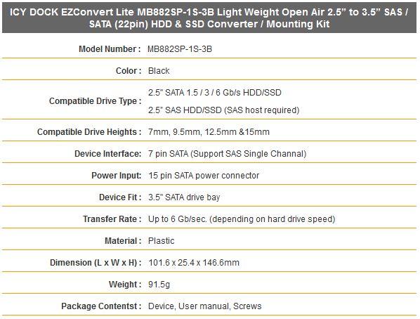 Icy Dock EZConvert MB882SP-1S-3B características técnicas