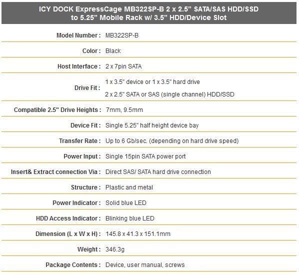 Icy Dock ToughArmor MB322SP-B características técnicas