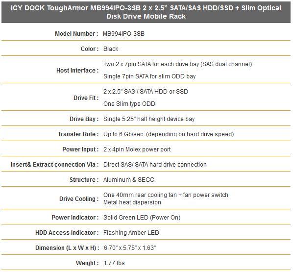 Icy Dock ToughArmor MB994IPO-3SB características técnicas