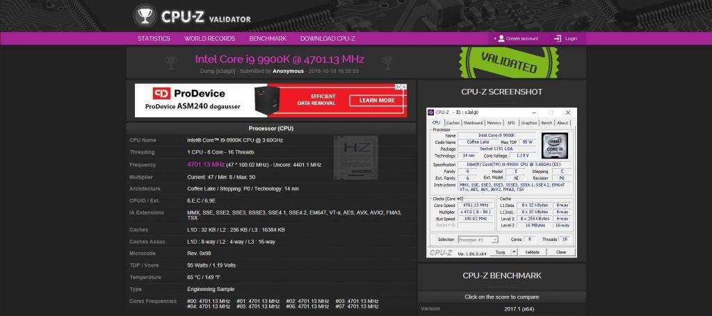 Intel i9 9900K CPU-Z Bench - Review 1