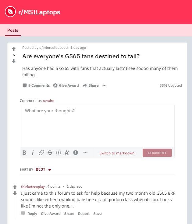 MSI GS65 problema ventiladores Reddit