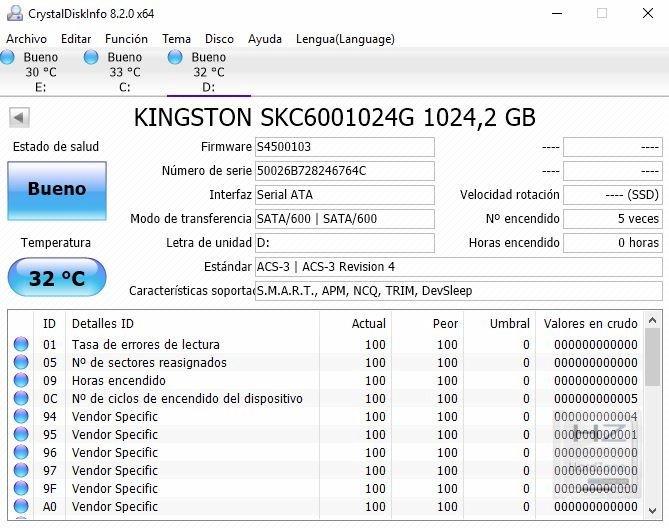 CrystalDisk Info del Kingston KC600