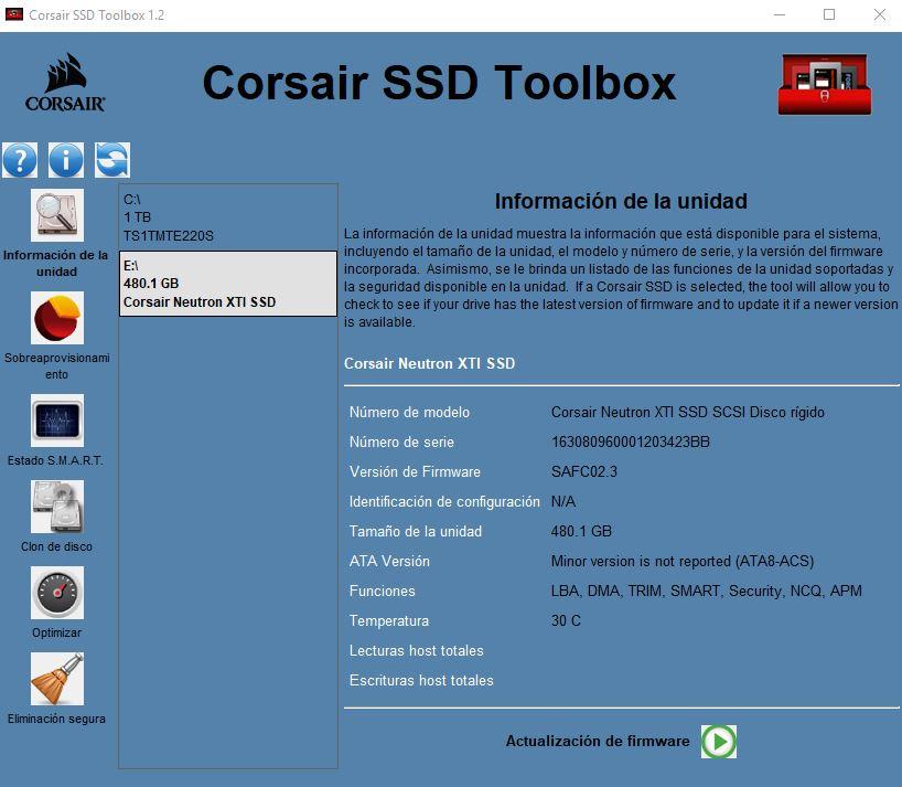 Corsair SSD Toolbox actualizar firmware