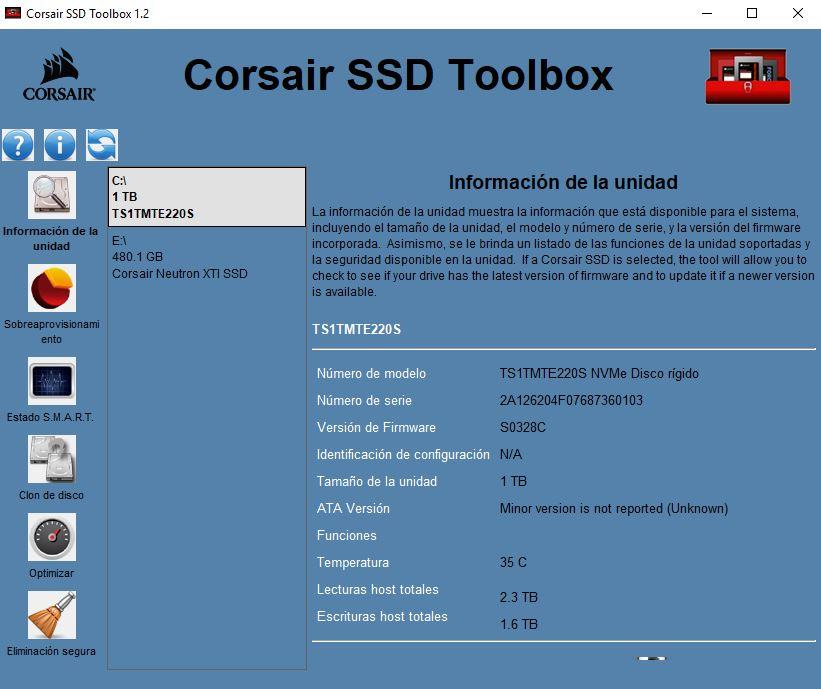 Pantalla de información en Corsair SSD Toolbox