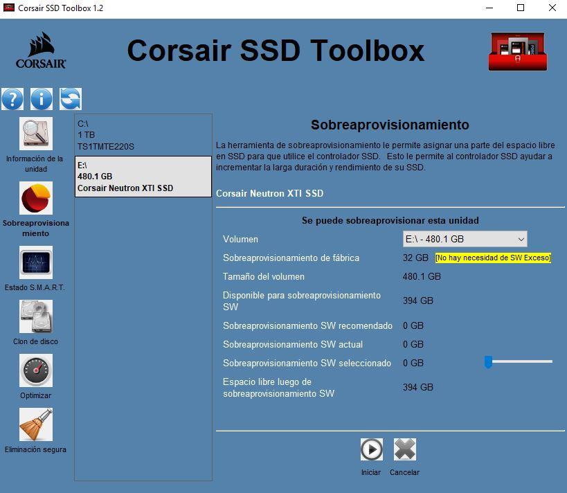 Sobreaprovisionamiento en Corsair SSD Toolbox