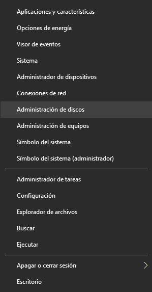 Acceso a Administración de discos en Windows 10