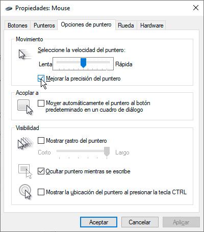 Opciones de configuración del ratón en Windows