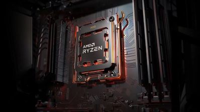 Logo de AMD Ryzen sobre una ilustración de un procesador, representando la tecnología SMT en CPUs AMD