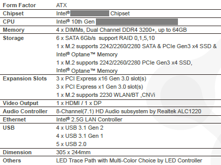 Especificaciones placa Intel Z490