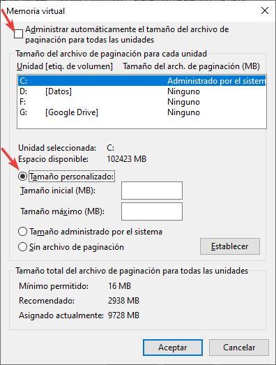 Cambiar tamaño archivo pagefile.sys