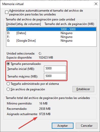 Cambiar tamaño archivo pagefile.sys