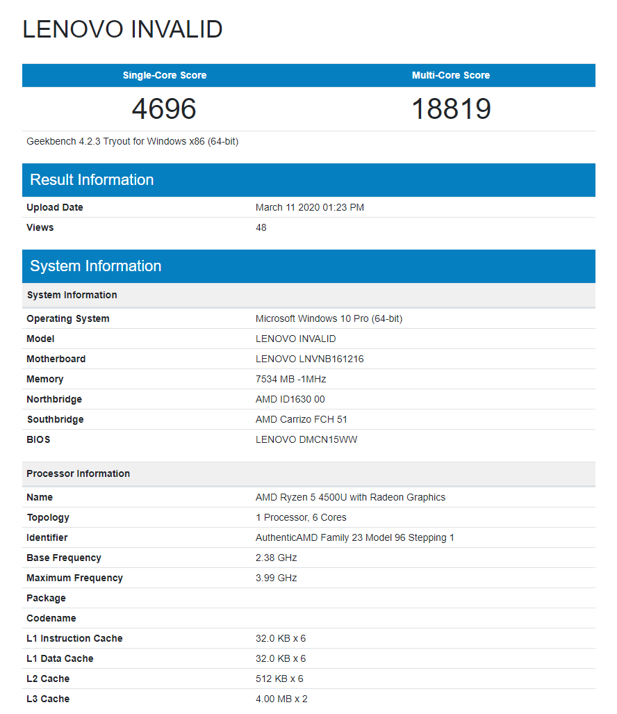 AMD Ryzen 5 4500U Geekbench 4
