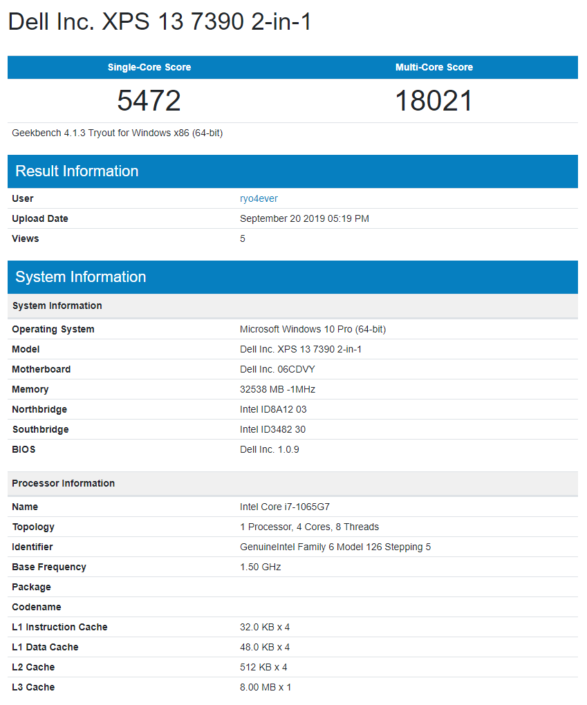 Intel Core i7-1065G7 Geekbench 4