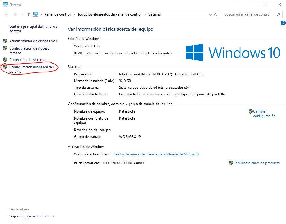 Configuración avanzada del sistema en Windows 10 para solucionar disco al 100%