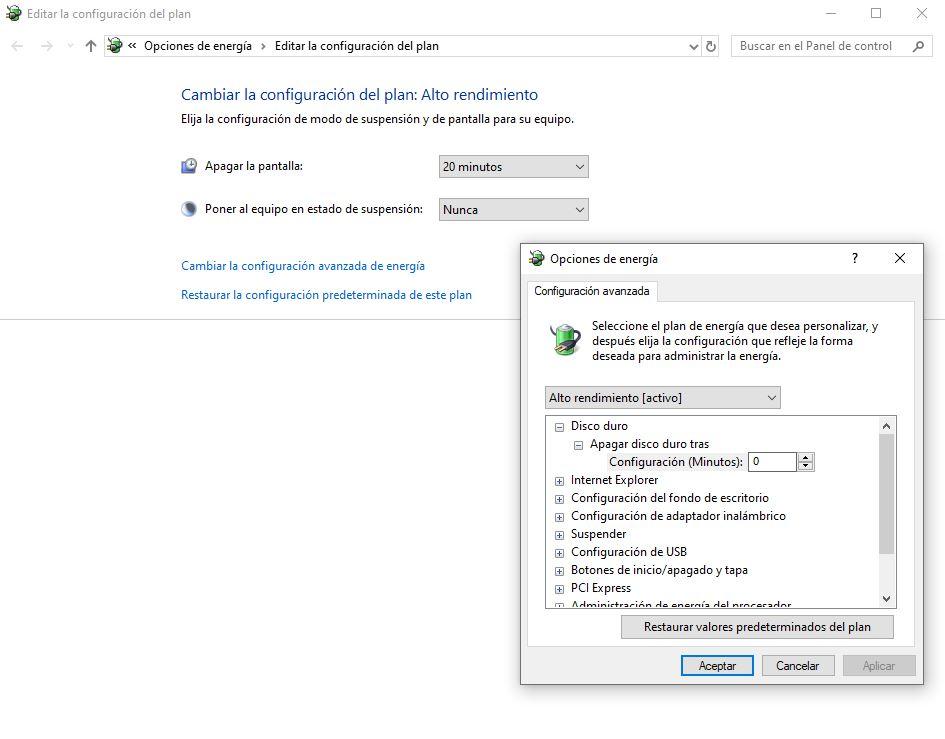 Configurar portátil Opciones de Energía en Windows 10
