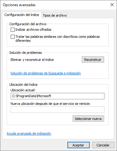 Reconstruir índice búsquedas de Windows