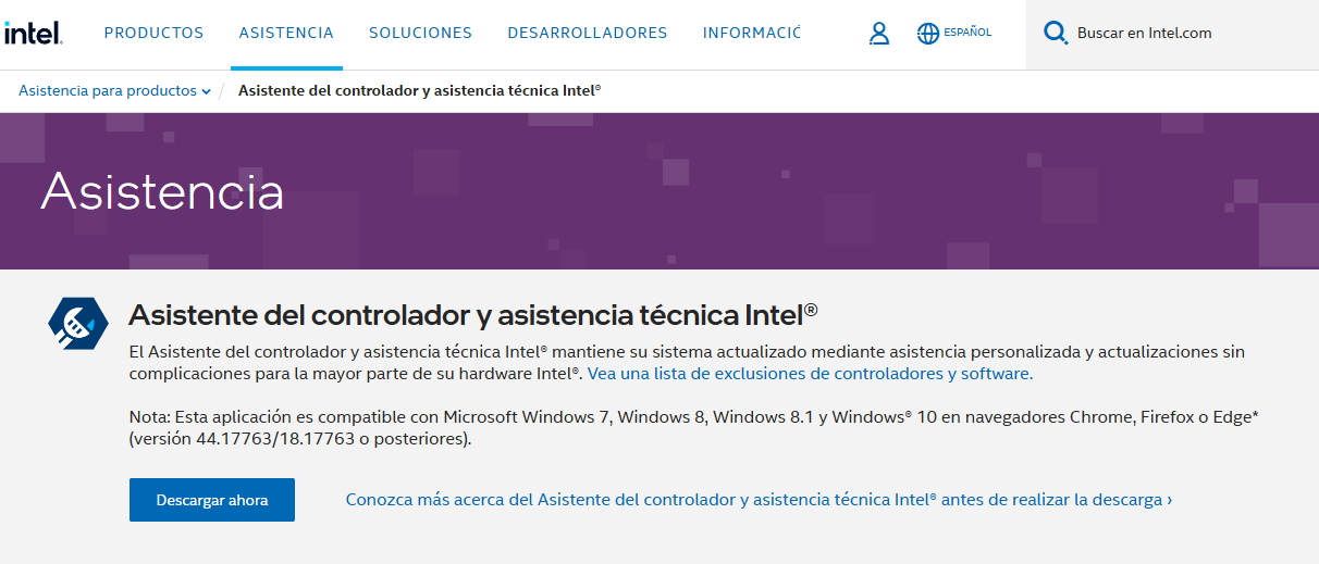 Página web oficial del Asistente del controlador y asistencia técnica Intel con botón de descarga y lista de compatibilidad con Windows.