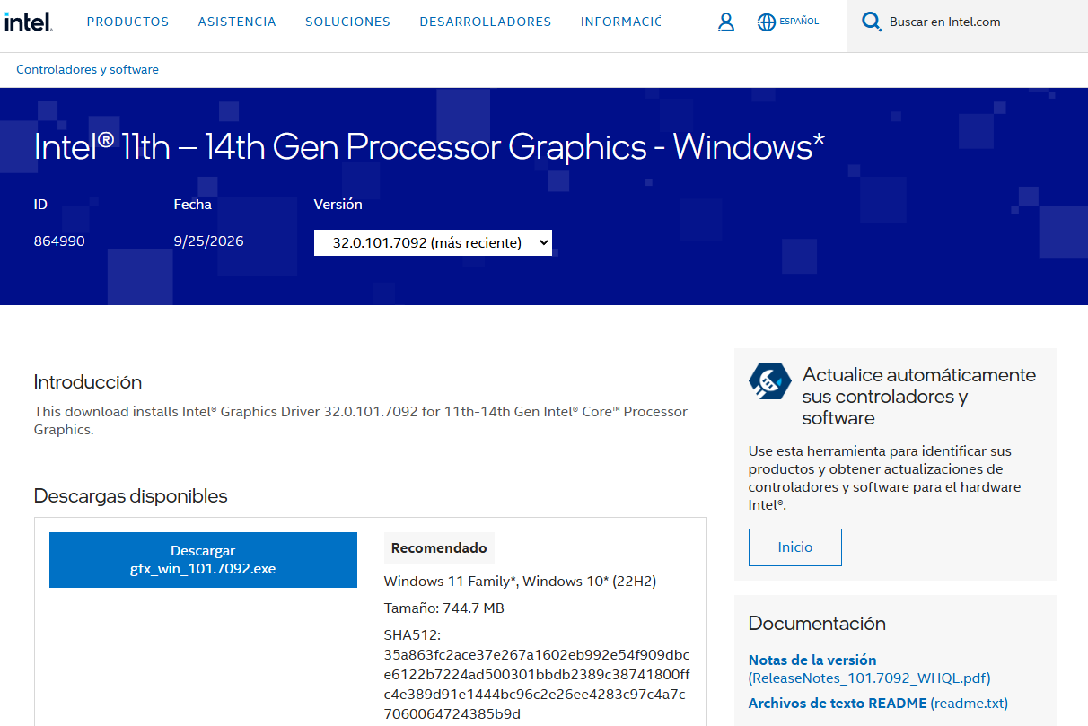 Interfaz de la web oficial de Intel para la descarga de controladores de gráficos para procesadores de 11ª a 14ª generación en Windows.