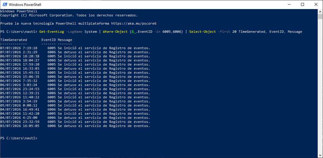 Ventana de Windows PowerShell mostrando un comando para listar eventos de sistema con fechas y registros de inicio y detención del servicio.