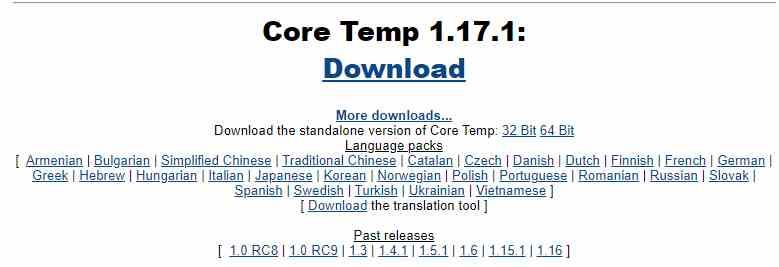 Core Temp-side til download på nettet