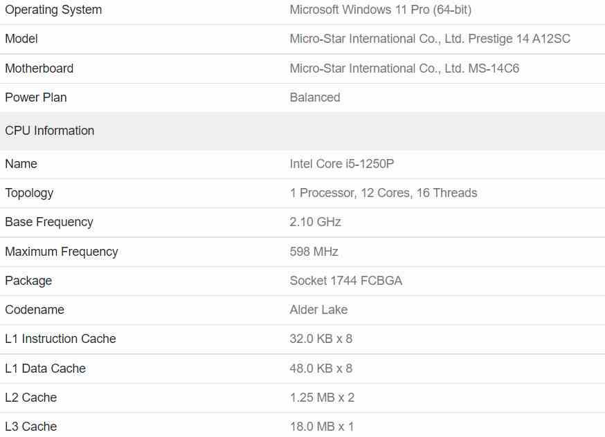 Intel i5-1250p Geekbench 5 especificaciones
