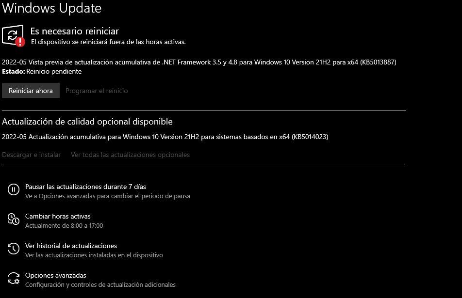 Windows Update, Necesario reiniciar
