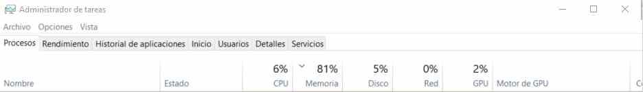 CPU  administrador de tareas porcentaje bajo