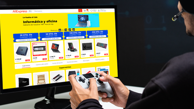 gamer con ofertas aliexpress en la pantalla