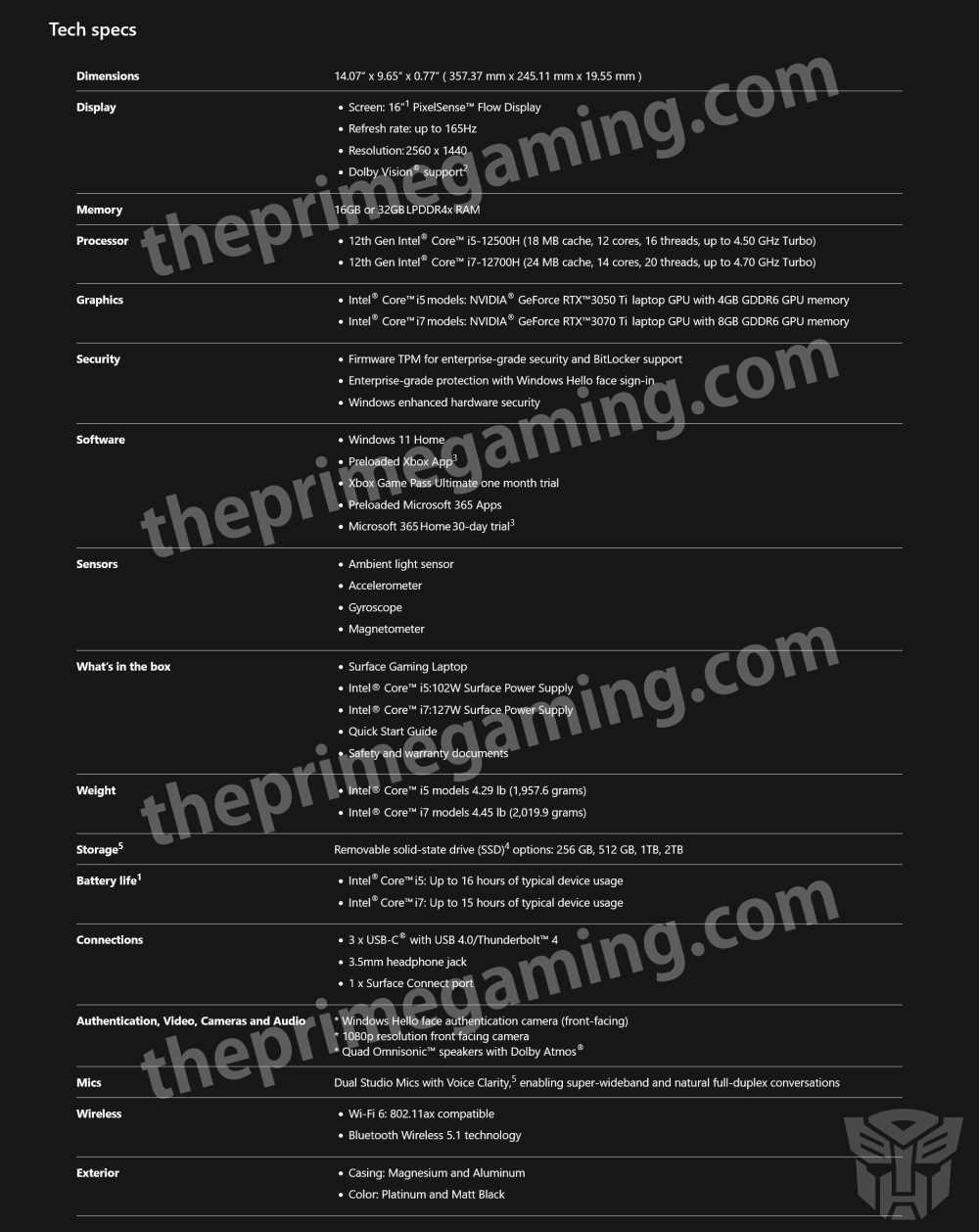 Especificaciones Surface Gaming