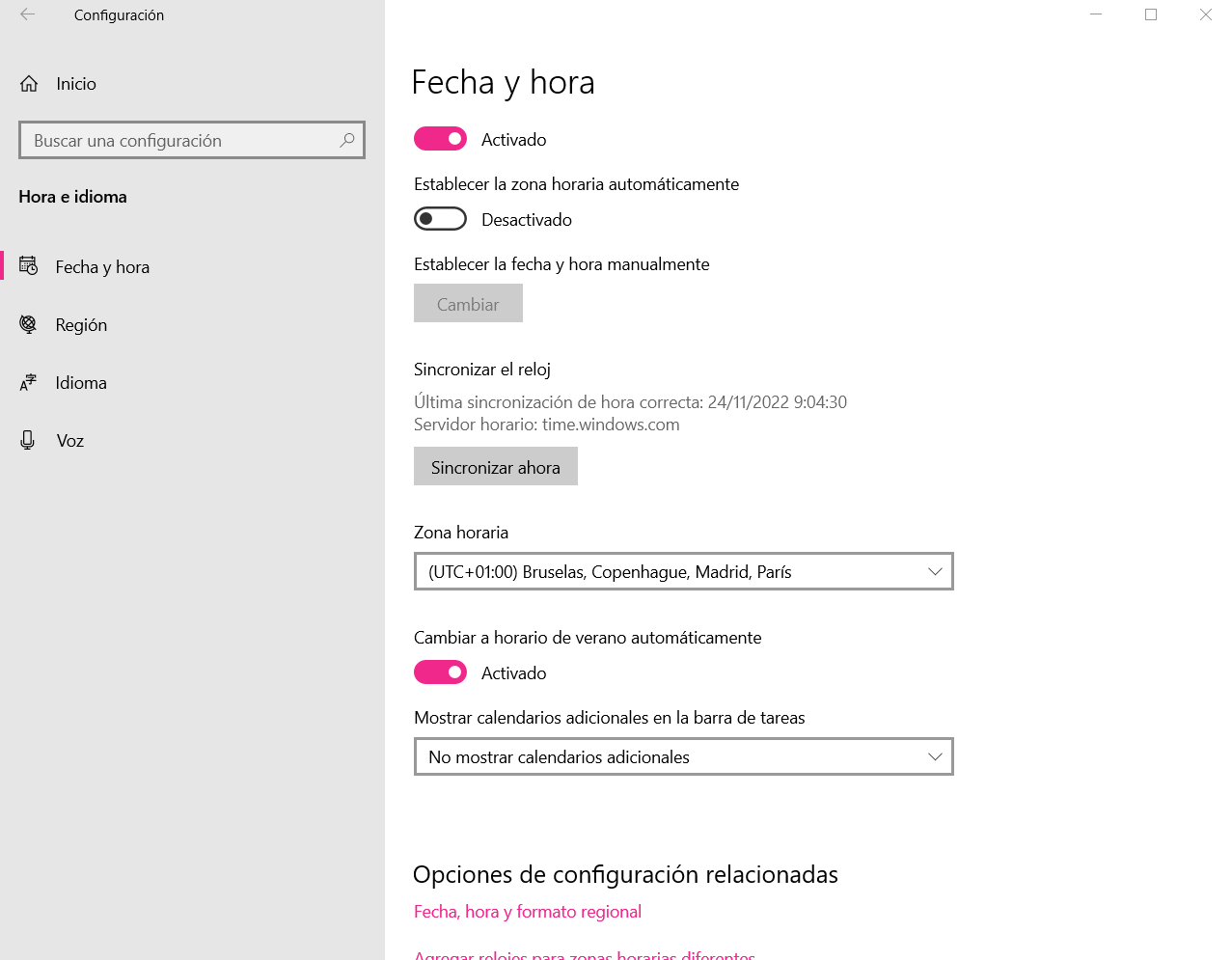 Конфигурация Fecha Hora Windows