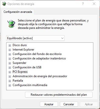 Opciones de energía en Windows 11