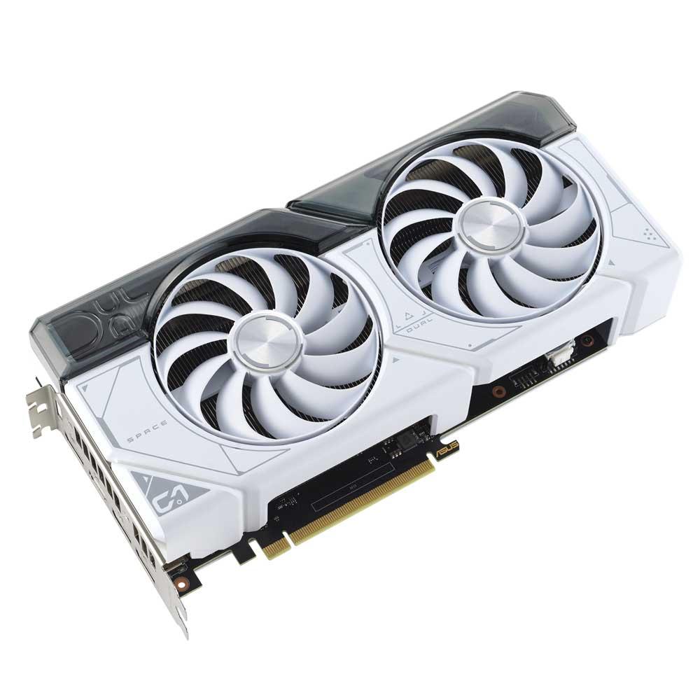 ASUS DUAL GeForce RTX 4070 White edition graphics card front angled view