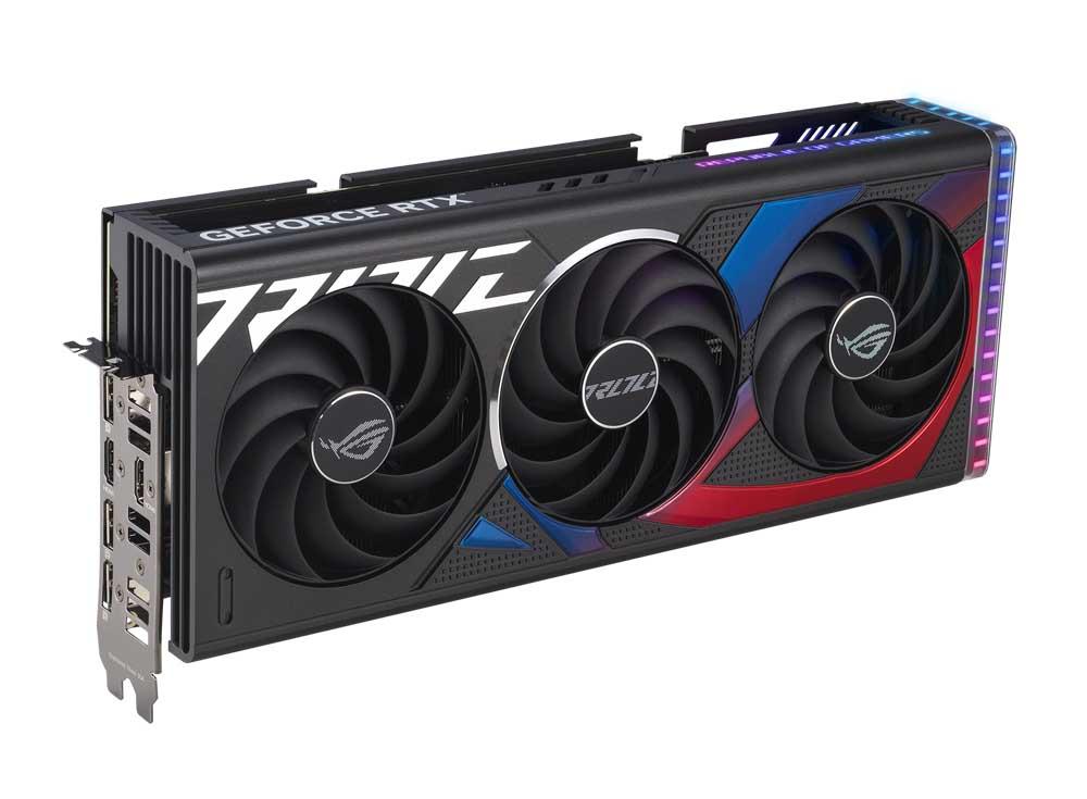 ROG Strix GeForce RTX 4070 angled top down view, highlighting the fans, ARGB element, and IO ports