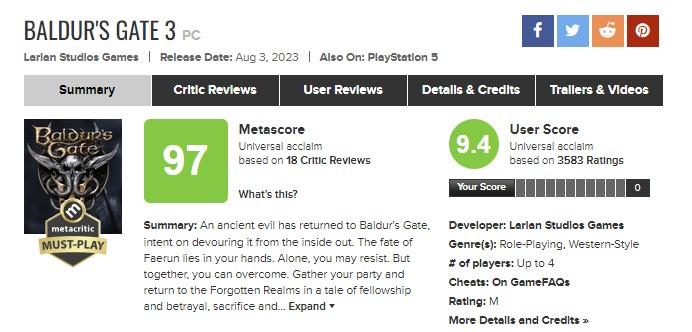 Baldur's Gate 3 Metacritic