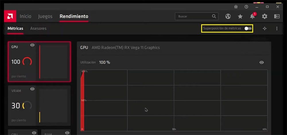 Interfaz de AMD Software Adrenalin Edition mostrando el panel de rendimiento con la monitorización de la CPU al 100%.