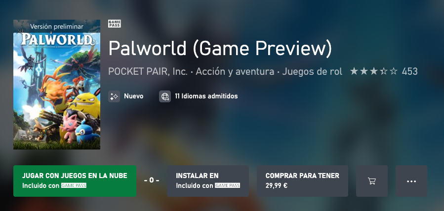 Palworld en Xbox Store.