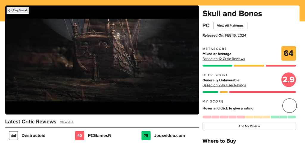 Metacritic Skull and Bones.