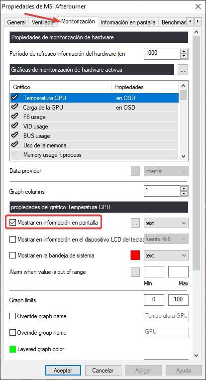 Mostrar temperatura Windows 11 con MSI Afterburner