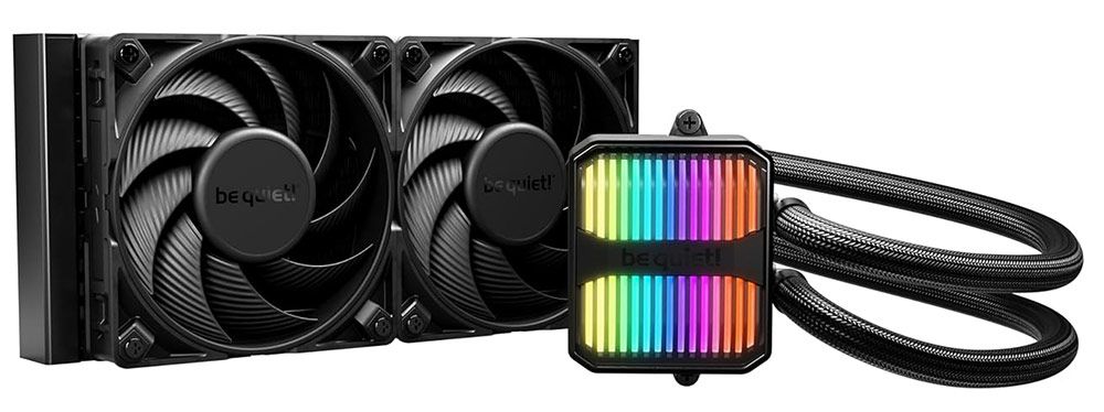 Kit de refrigeración líquida be quiet! Silent Loop 3 con dos ventiladores negros, radiador y bloque de CPU ARGB colorido.