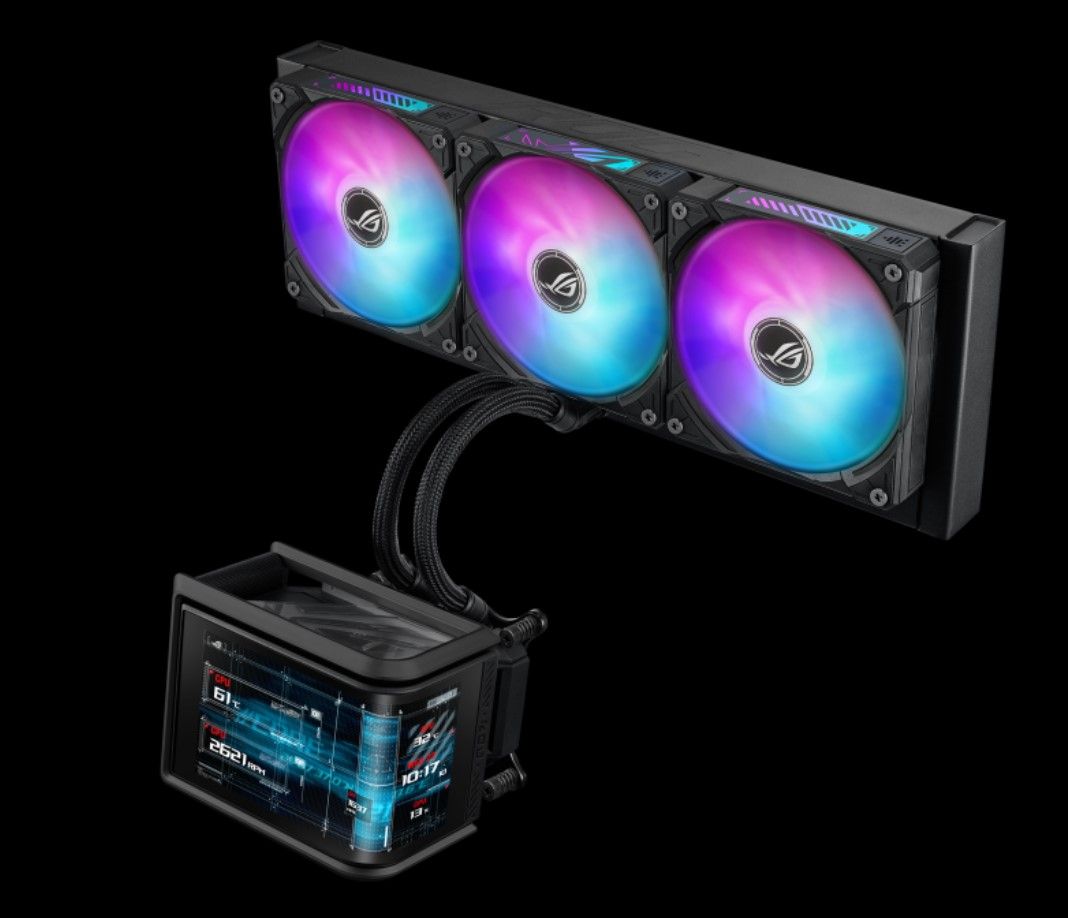 Kit de refrigeración líquida ASUS ROG Ryuo IV SLC 360 con radiador de triple ventilador ARGB y bloque de agua con pantalla LCD integrada sobre fondo negro.