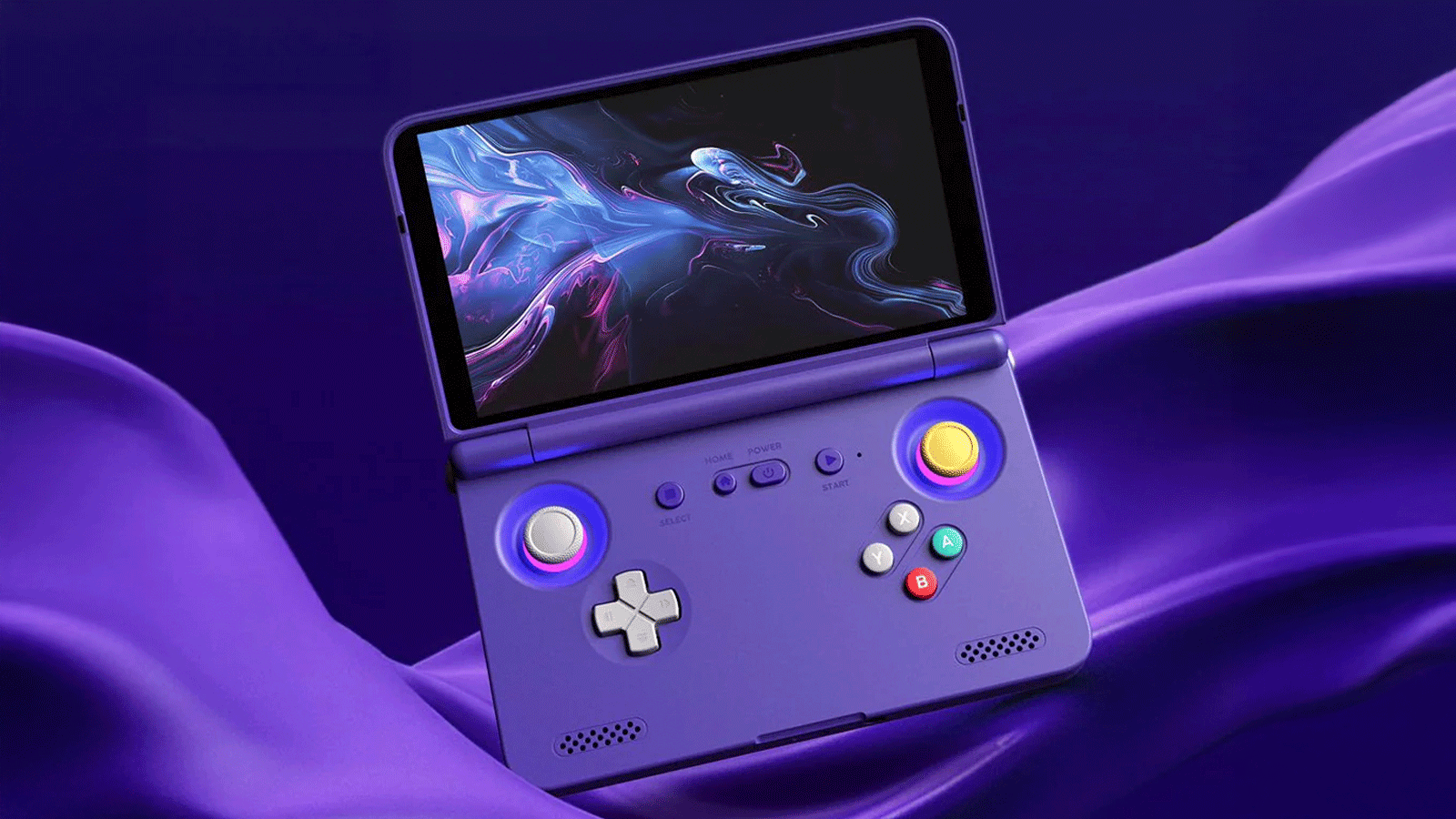 Consola portátil Retroid Pocket Flip abierta en color púrpura con controles integrados y pantalla encendida.