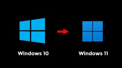 Logo de Windows 10 pasando al de Windows 11 con una flecha roja