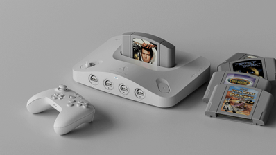 Consola Analogue 3D, una réplica moderna de la Nintendo 64 con tecnología FPGA, vista desde una perspectiva frontal.