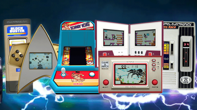Colección de maquinitas de juegos LCD de los años 80, incluyendo varias Game & Watch de Nintendo, en una composición fotorrealista