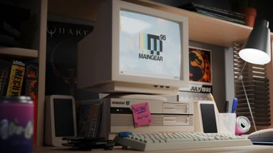 Sleeper PC Maingear Retro95 con carcasa beige de estilo años 90, junto a un monitor CRT y teclado y ratón retro para recrear un escritorio de época.