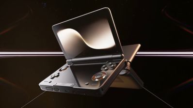 Diseño frontal de la consola portátil AYN Thor en formato clamshell, mostrando su acabado y el logo de la marca.