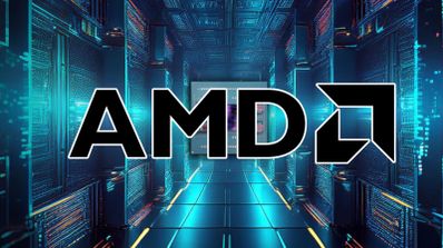 Logotipo de AMD sobre un fondo oscuro texturizado, representando la marca de la compañía tecnológica