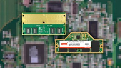 Módulo de memoria RAM en formato CAMM2 de Innodisk, mostrando su diseño compacto y horizontal sobre una placa de circuito impreso.