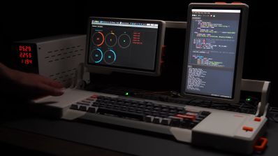 Cyberdeck DIY con doble pantalla táctil rotativa y carcasa blanca impresa en 3D, mostrando la Raspberry Pi 5 instalada en su compartimento lateral.