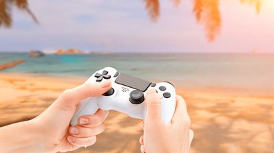 Gamer en la playa.